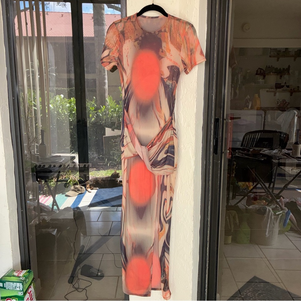 Women's Orange Sheer Abstract Print Short-Sleeve Long Maxi Dress